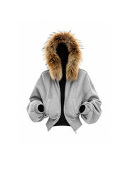 CTRL WORLD Ash Gray Faux Fur Hooded Cropped Zip-Up Hoodie