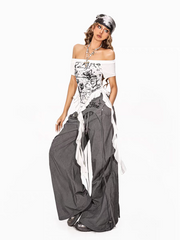 Embroidered Low-Rise Wide-Leg Cargo Parachute Pants