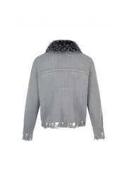 CTRL WORLD Gothic Distressed Knit Faux Fur Collar Jacket