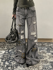 CTRL WORLD Industrial Distressed Multi-Buckle Flared Jeans