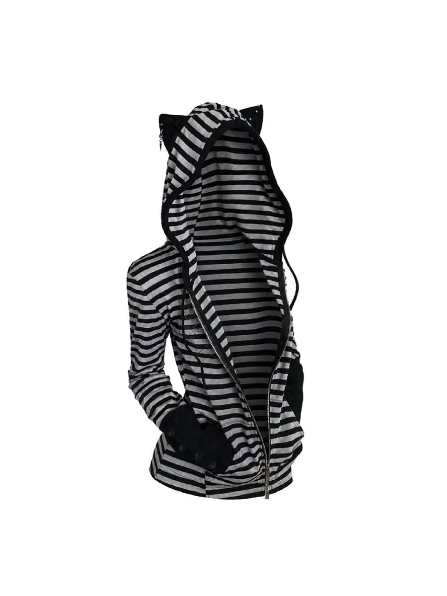CTRL WORLD Punk Striped Zip-Up Hooded Jacket
