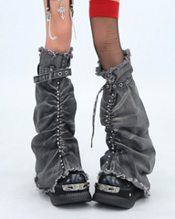 Distressed Studded Denim Leg Warmers