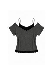 CTRL WORLD Silver Wing Cross Off Shoulder Faux Two-Piece Top