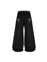 CTRL WORLD Black Baggy Pants with Skull & Cross Detail