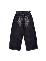 CTRL WORLD Black Denim Wide-Leg Pants with Wing Design