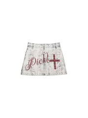CTRL WORLD Distressed Denim Skirt with Star Studs and Pickle Logo