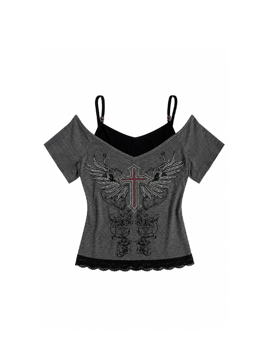 CTRL WORLD Silver Wing Cross Off Shoulder Faux Two-Piece Top
