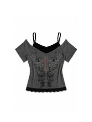 CTRL WORLD Silver Wing Cross Off Shoulder Faux Two-Piece Top