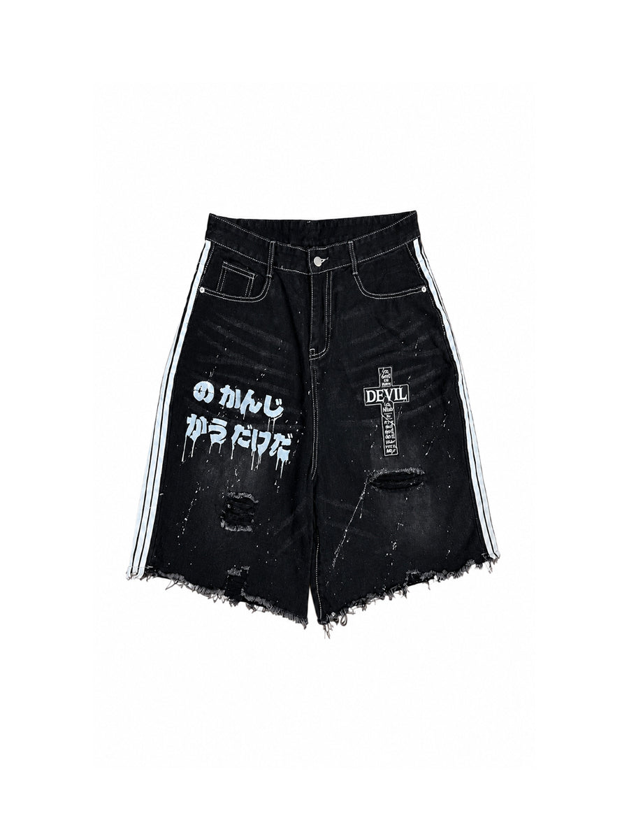 CTRL WORLD Black Devil Graphic Distressed Denim Jorts