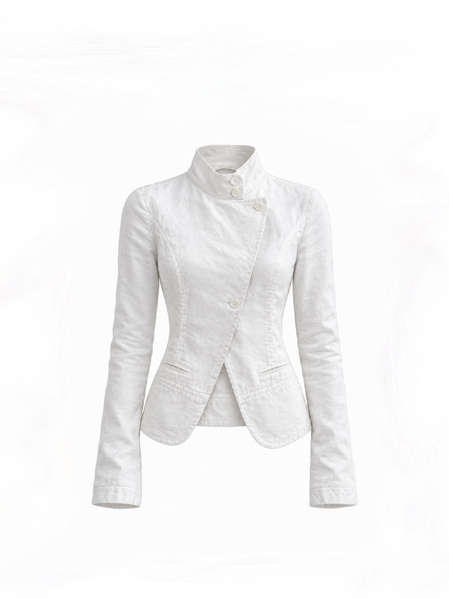 CTRL WORLD White Commandline Asymmetrical Stand-Collar Jacket