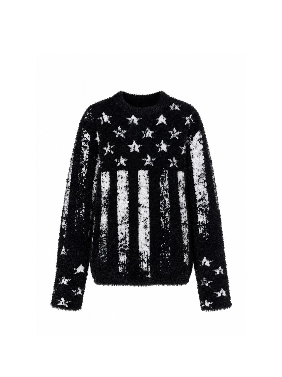 CTRL WORLD Distressed American Flag Fuzzy Knit Sweater