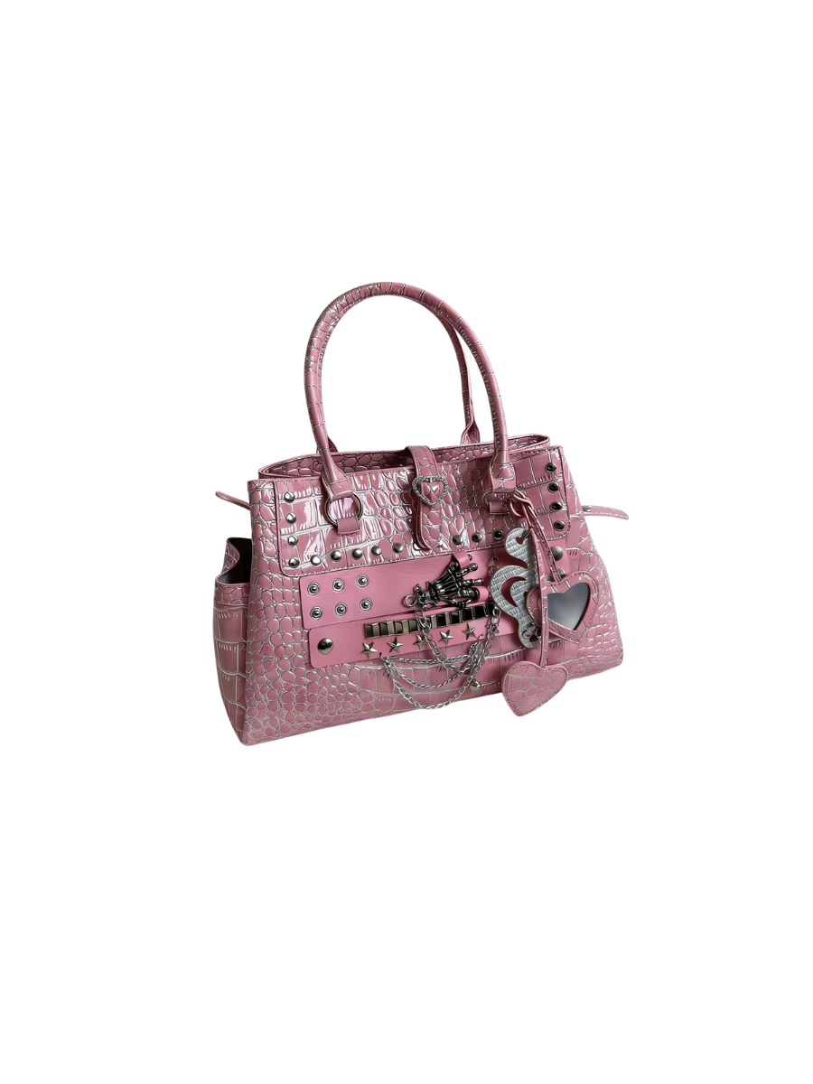 CTRL WORLD Y2K Crocodile Embossed Studded Tote Bag
