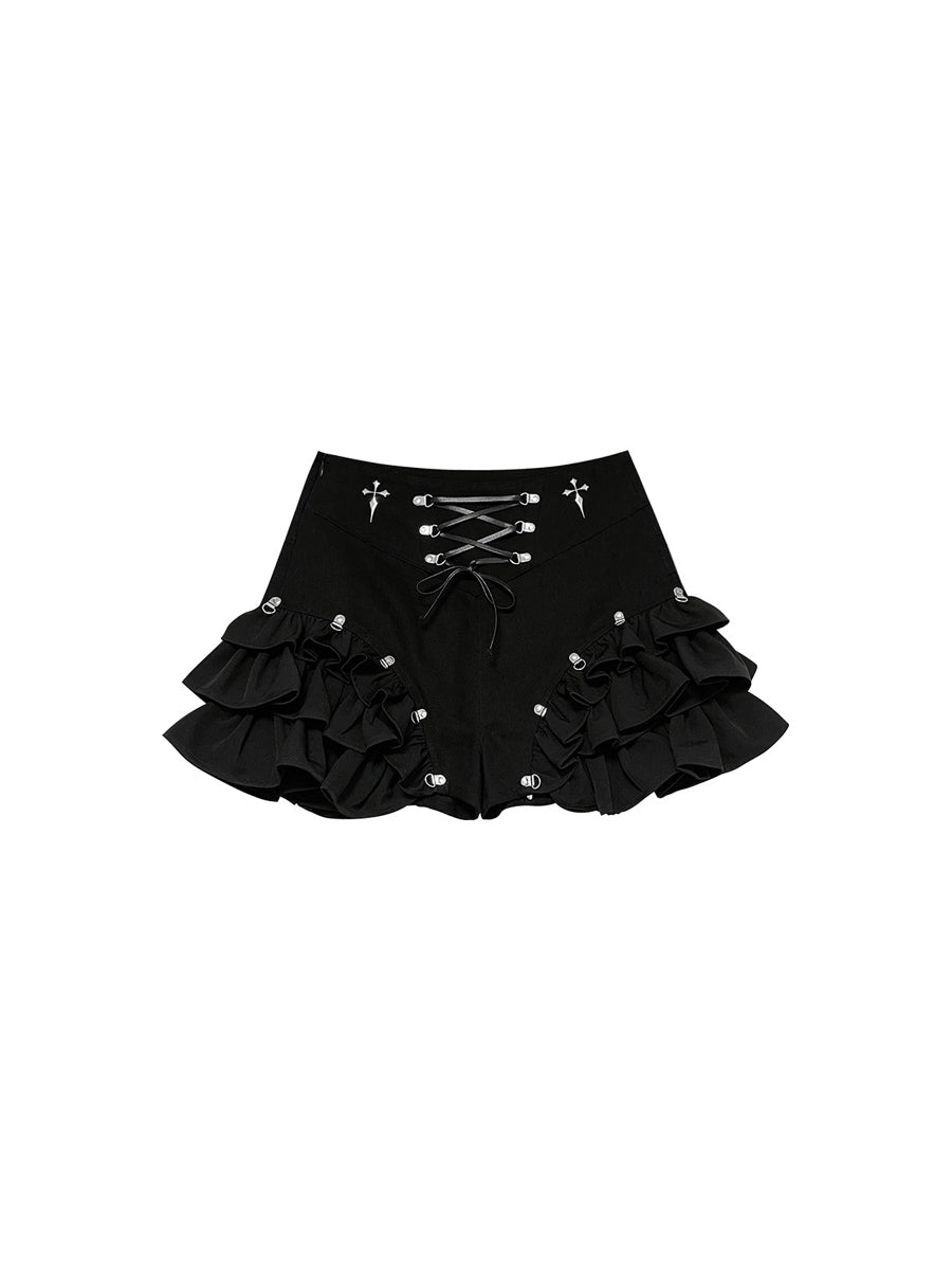 CTRL WORLD Gothic Ruffle Lace-Up Mini Skort