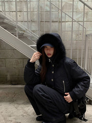 CTRL WORLD Gothic Studded Faux Fur Hooded Bomber Jacket