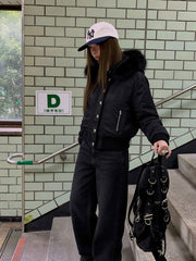 CTRL WORLD Gothic Studded Faux Fur Hooded Bomber Jacket