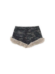 CTRL WORLD Wasteland Wolf Camo Faux Fur Denim Shorts