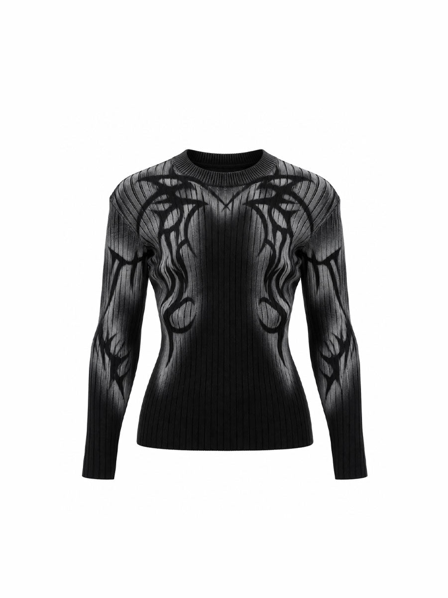 CTRL WORLD Gothic Flame Print Ribbed Knit Sweater