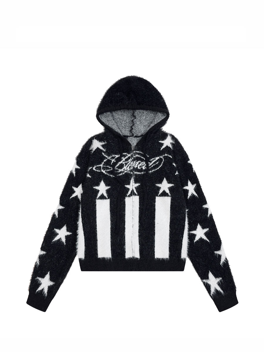 CTRL WORLD Gothic Starburst Fuzzy Knit Zip-Up Hooded Sweater
