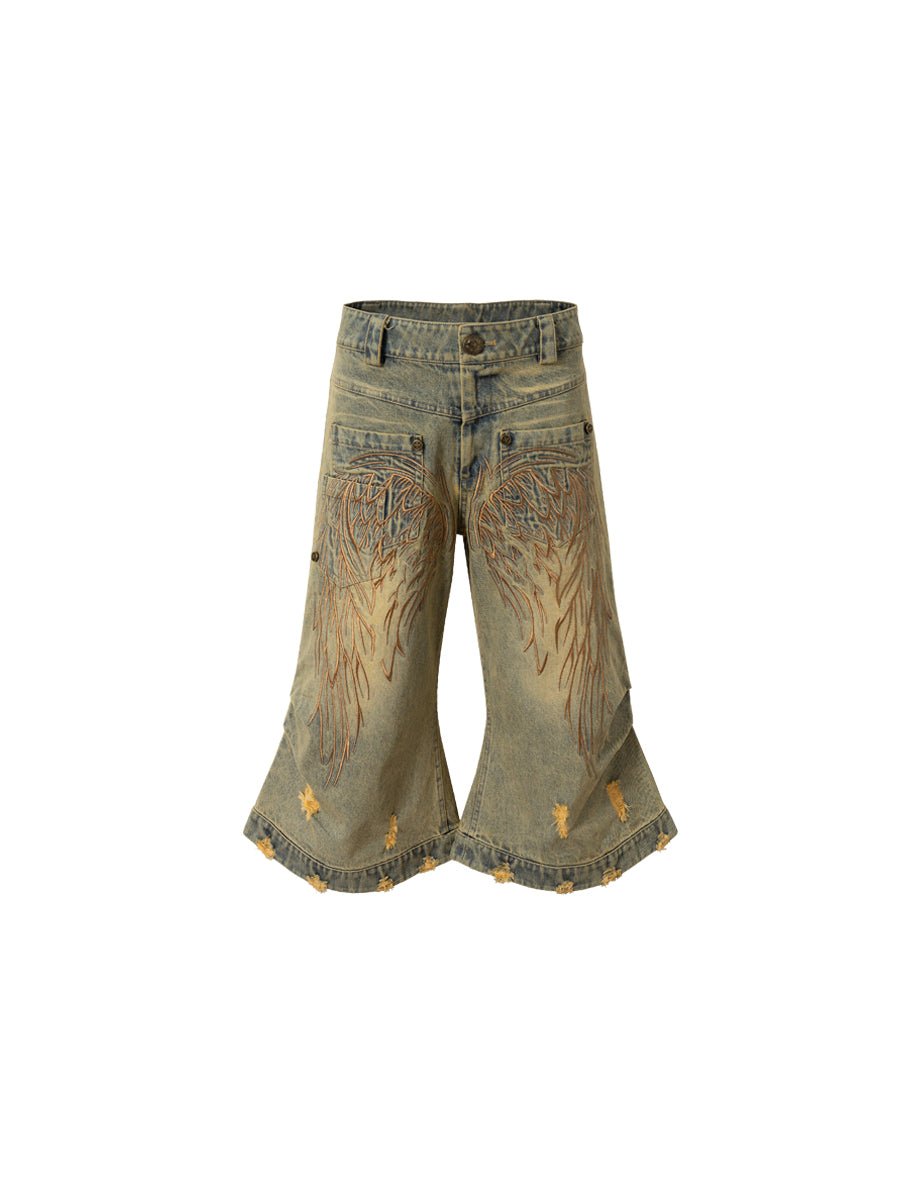 CTRL WORLD Vintage Wing Embroidery Wide-Leg Denim Jorts