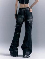CTRL WORLD Urban Grunge Cargo Wide-Leg Denim Pants