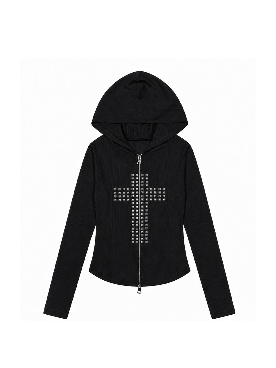 CTRL WORLD Iron Cathedral Studded Cross Ribbed Zip Hoodie