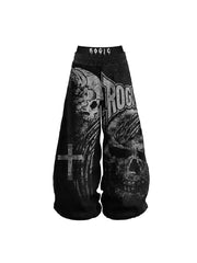 CTRL WORLD Black Baggy Pants with Skull & Cross Detail