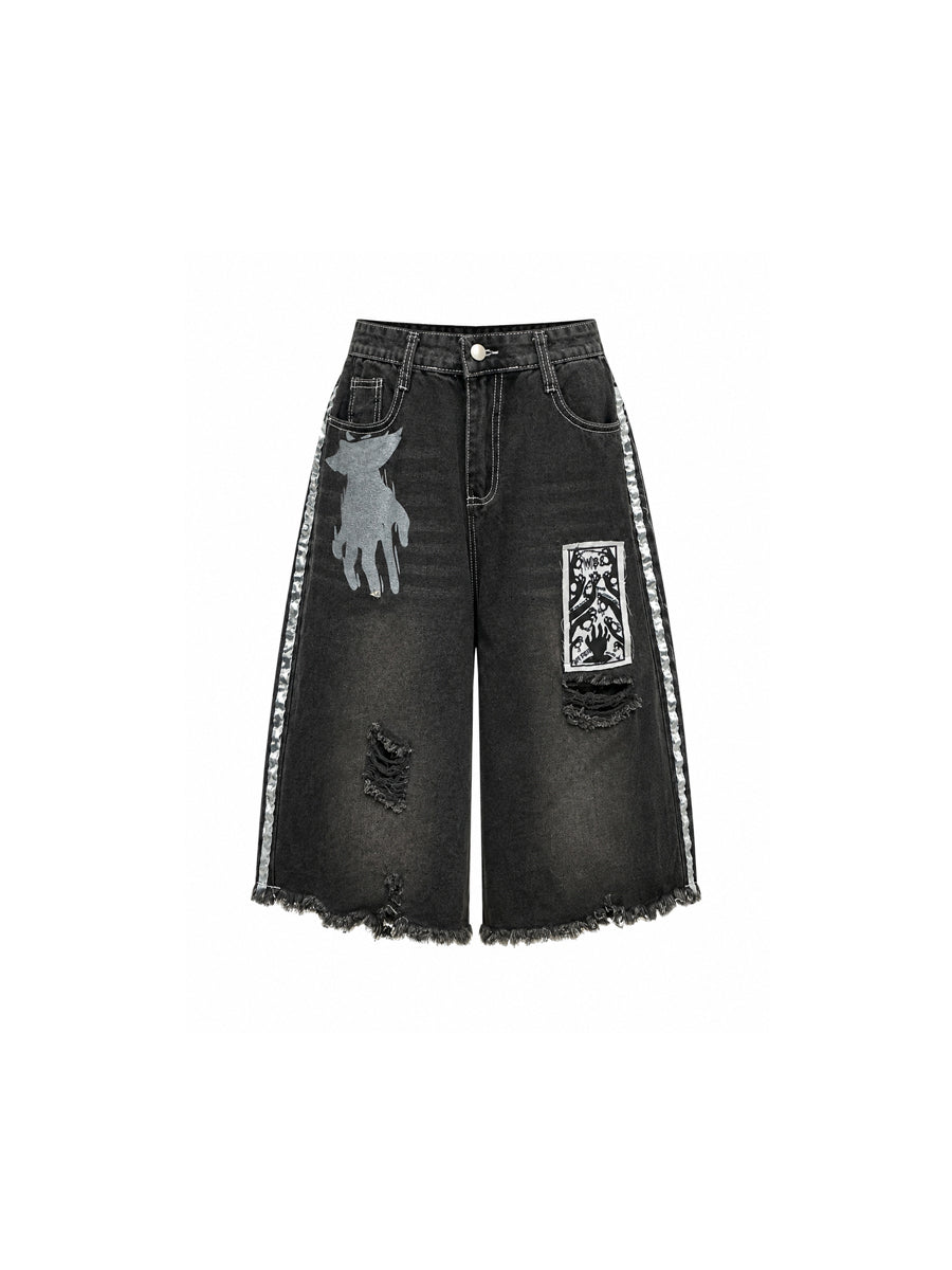 CTRL WORLD Black Wasteland Patch Denim Shorts