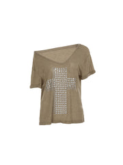 CTRL WORLD Riot Saint Slouch Off-Shoulder Studded Cross T-Shirt