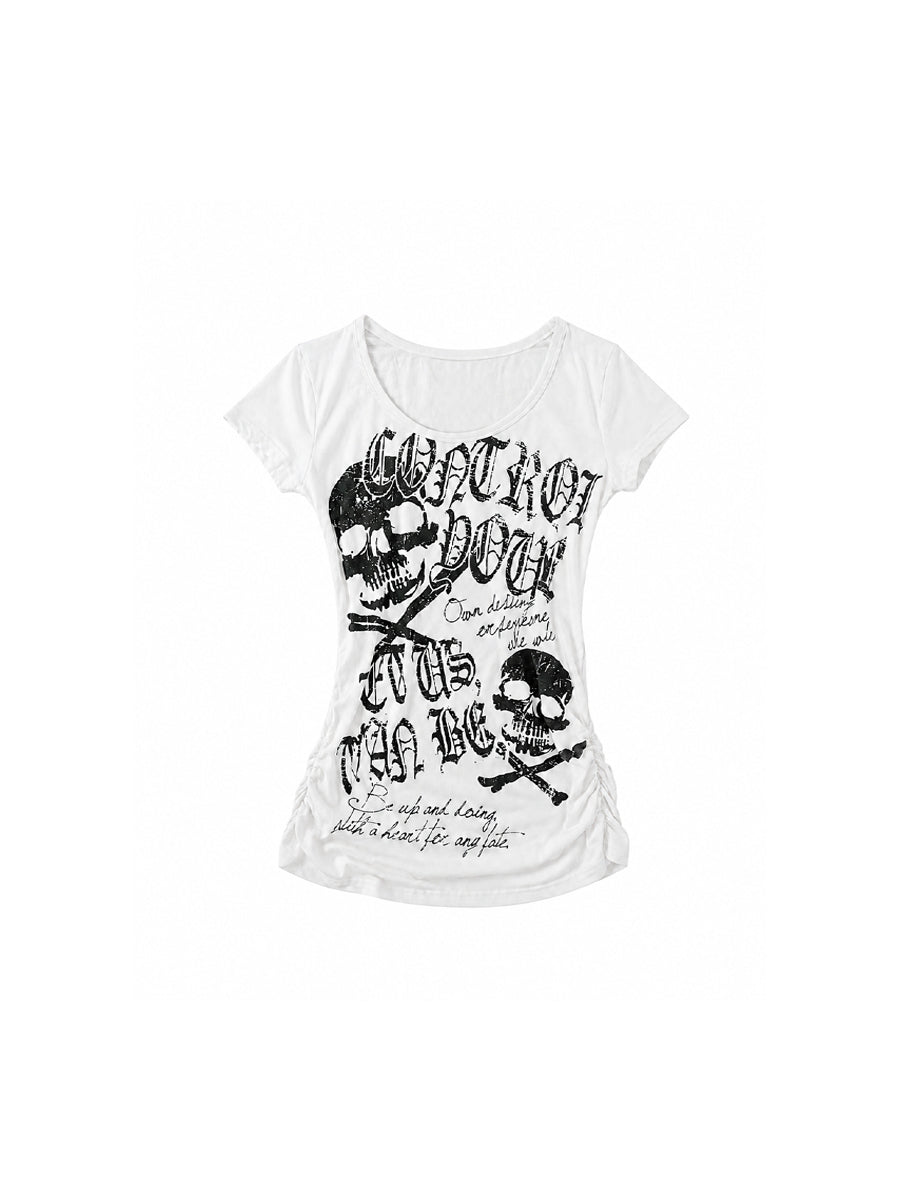 CTRL WORLD Gothic Skull Graphic Ruched Short Sleeve T-Shirt