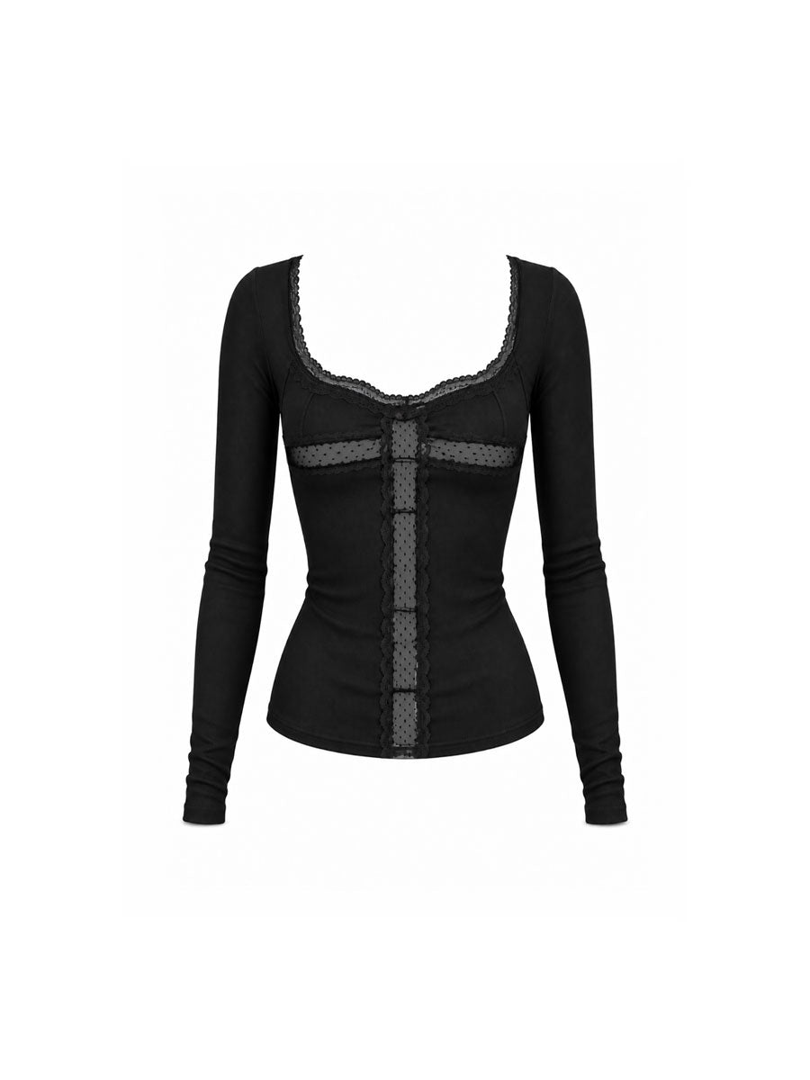 CTRL WORLD Dark Romance Gothic Lace-Panel Long Sleeve Top