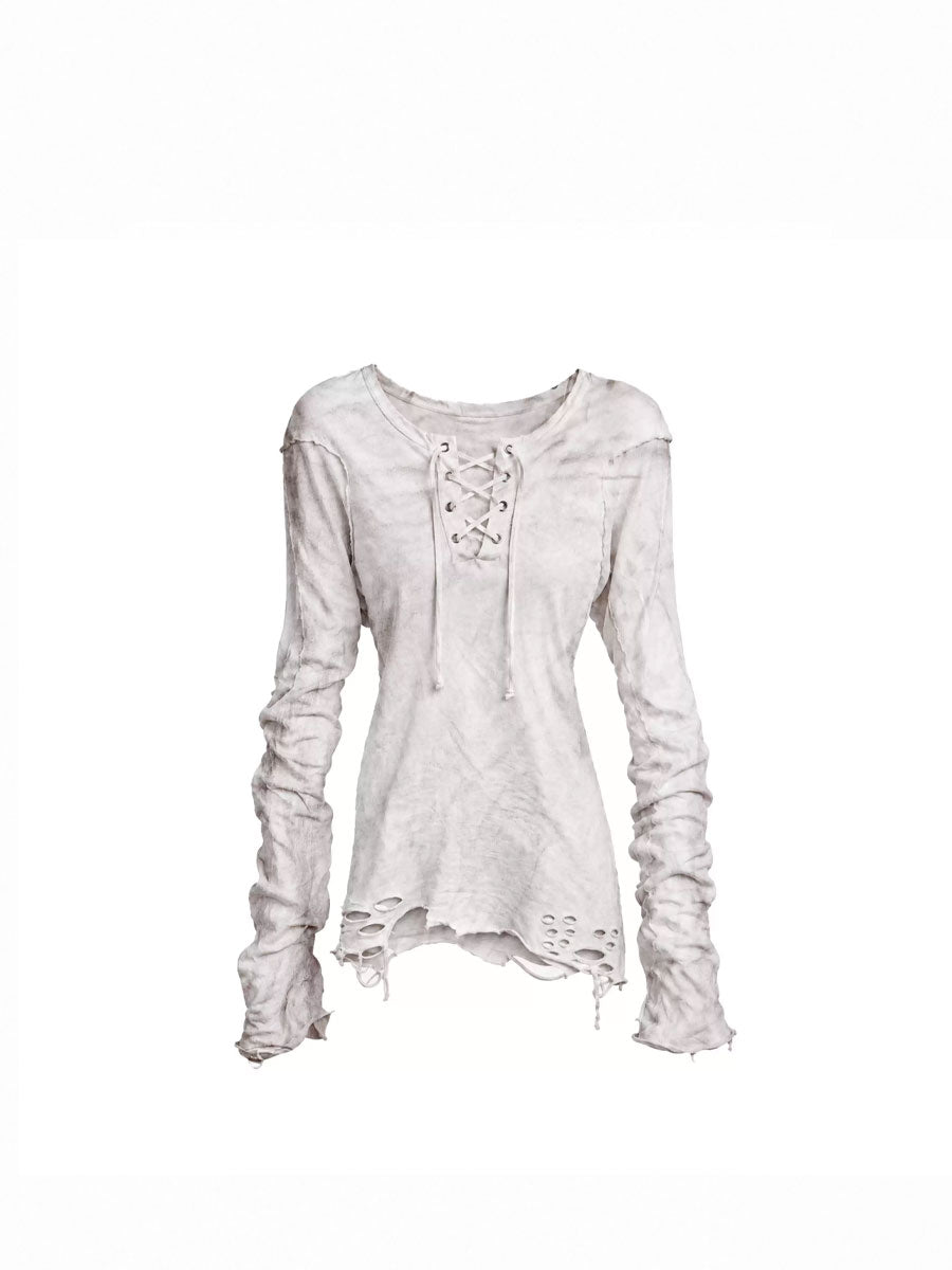 CTRL WORLD Distressed Lace-Up Gothic Long Sleeve Top