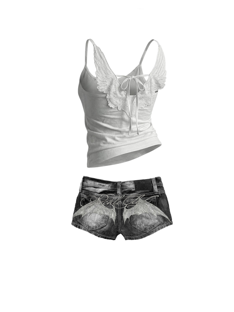 CTRL WORLD Winged Back Graphic Tank & Bat Wing Denim Shorts Set