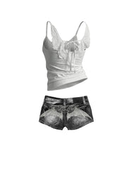 CTRL WORLD Winged Back Graphic Tank & Bat Wing Denim Shorts Set