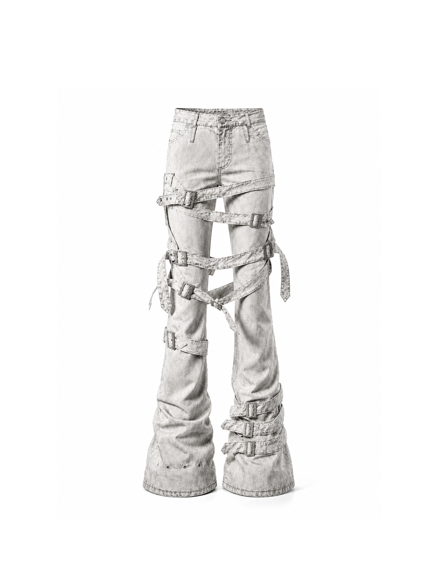 CTRL WORLD Strapped Harness Wide Leg Denim Jeans