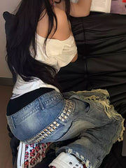 CTRL WORLD Phantom Riot Studded Distressed Wide Leg Jeans