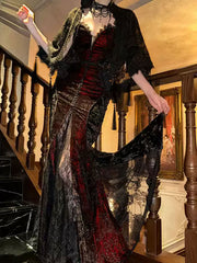 Crimson Phantom Gothic Halloween Lace Dress Set