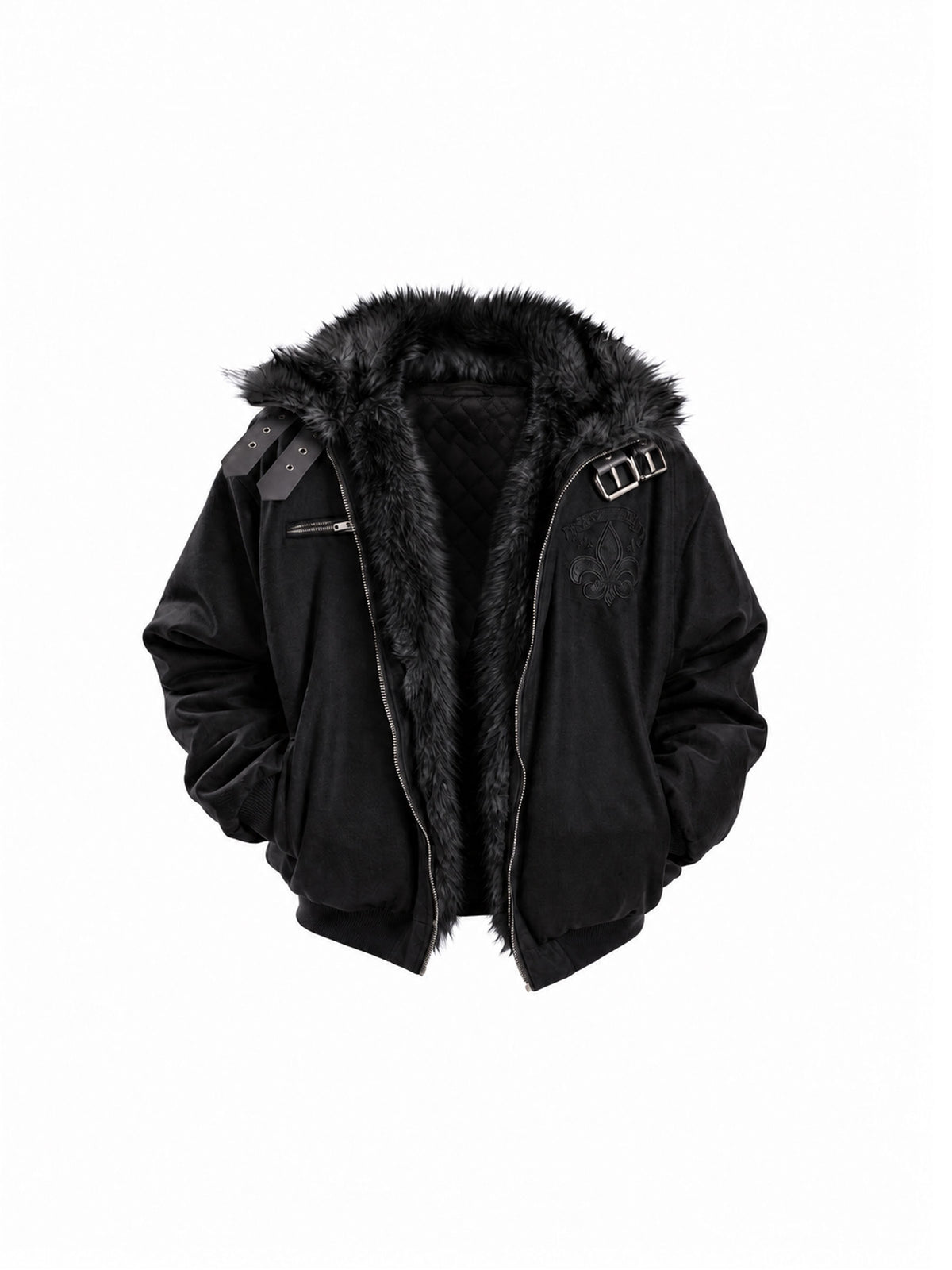 CTRL WORLD Shadow Crest Faux Fur Collar Suede Padded Bomber Jacket