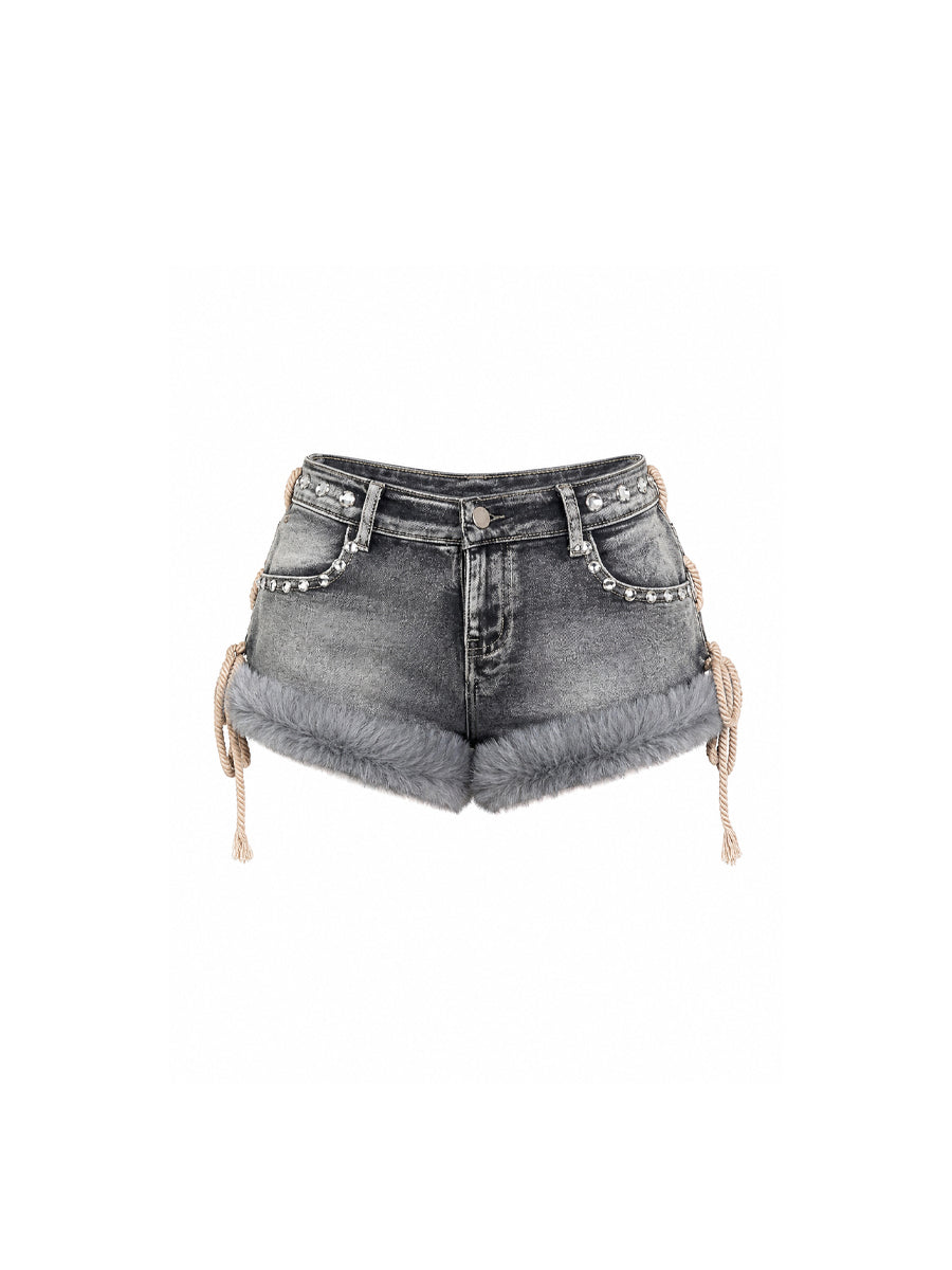 CTRL WORLD Frost Fur Studded Denim Shorts