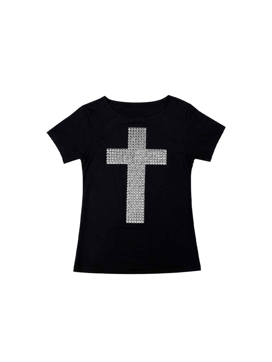 CTRL WORLD Rhinestone Gothic Cross Slim T-Shirt