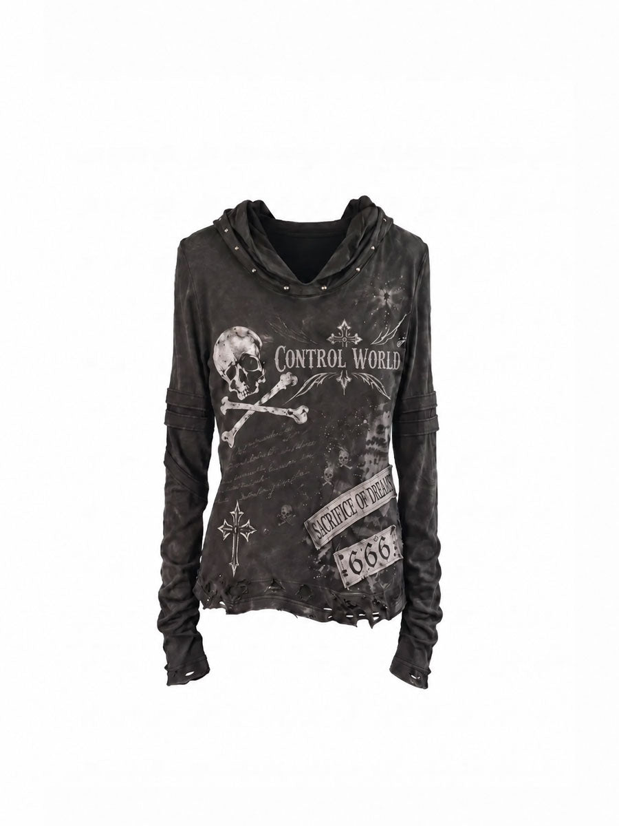 CTRL WORLD Distressed Washed Graphic Hoodie Long Sleeve Top