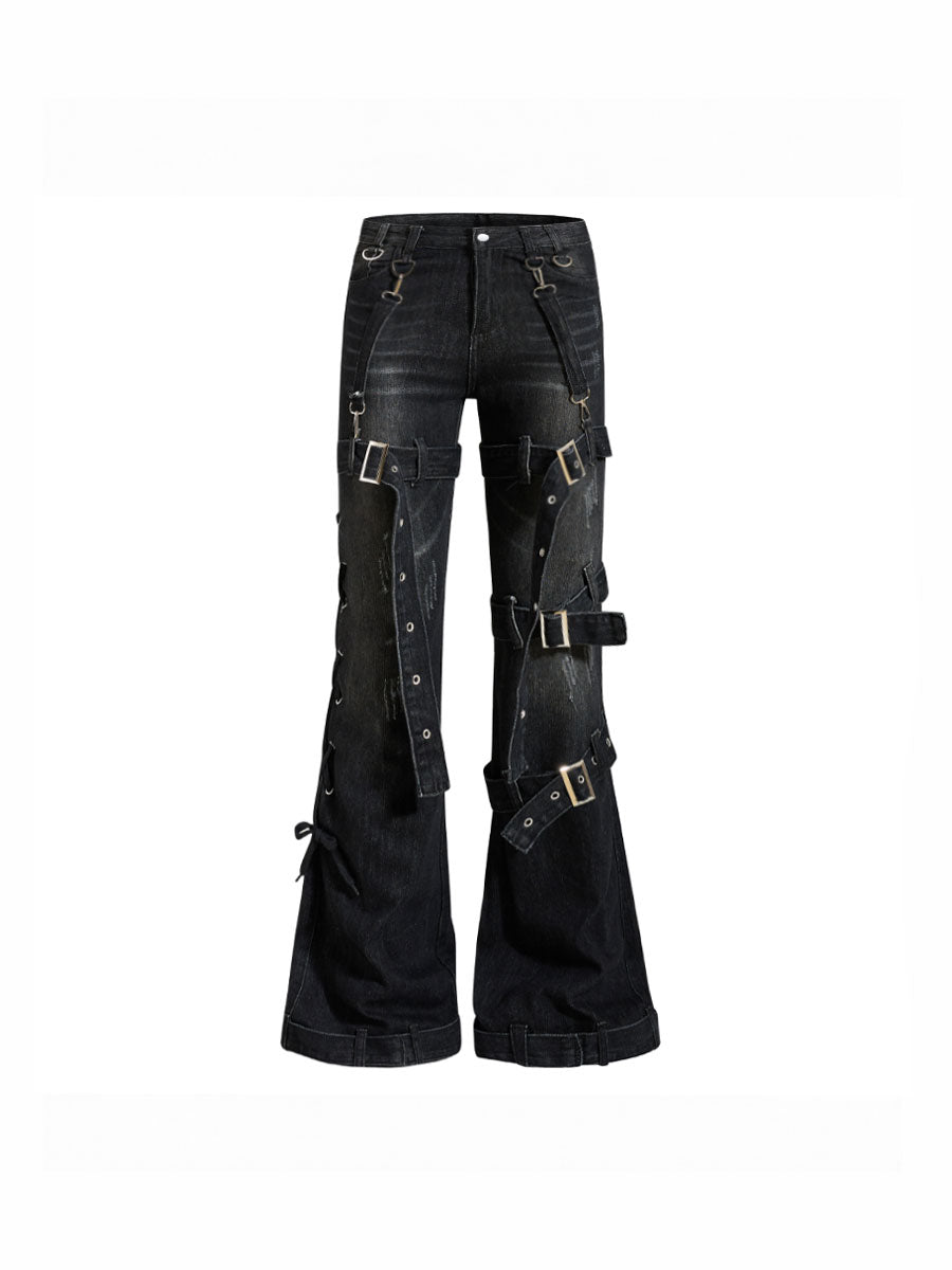 CTRL WORLD  Punk Washed Buckle-Strap Flared Denim Jeans