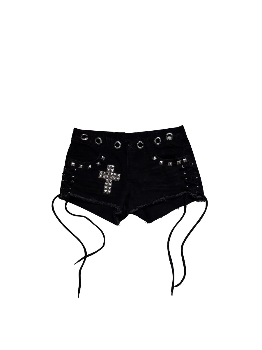CTRL WORLD Black Silver Cross Studded Denim Shorts