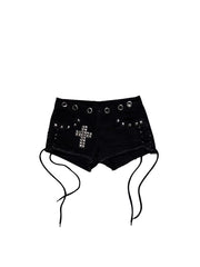 CTRL WORLD Black Silver Cross Studded Denim Shorts