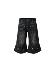 CTRL WORLD Vintage Wing Embroidery Wide-Leg Denim Jorts