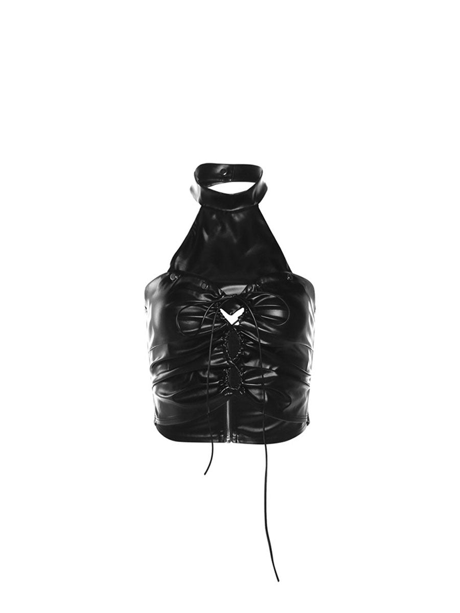 CTRL WORLD Shadow Lace-Up Leather Halter Top