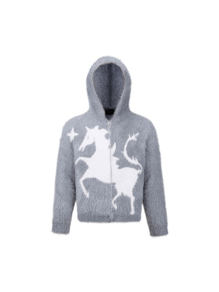 CTRL WORLD Gothic Unicorn Graphic Fuzzy Zip-Up Hoodie
