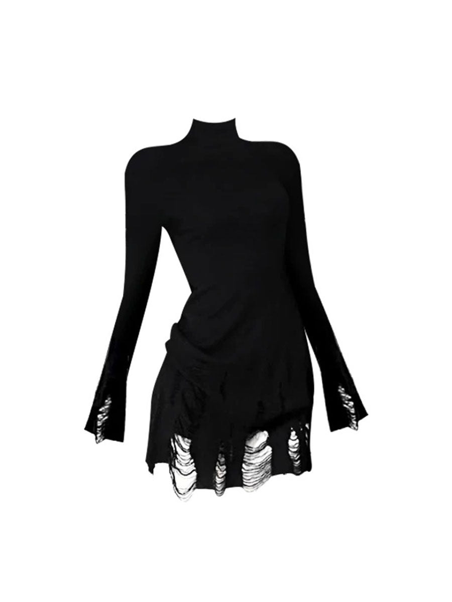 CTRL WORLD Shadow Ruin Distressed Turtleneck Knit Dress