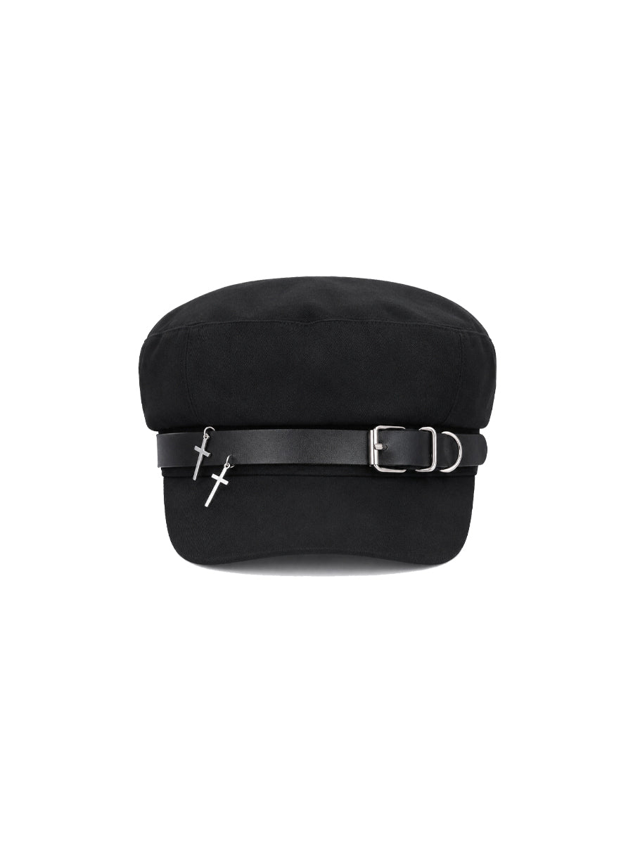CTRL WORLD Black Beret with Cross and Belt Design