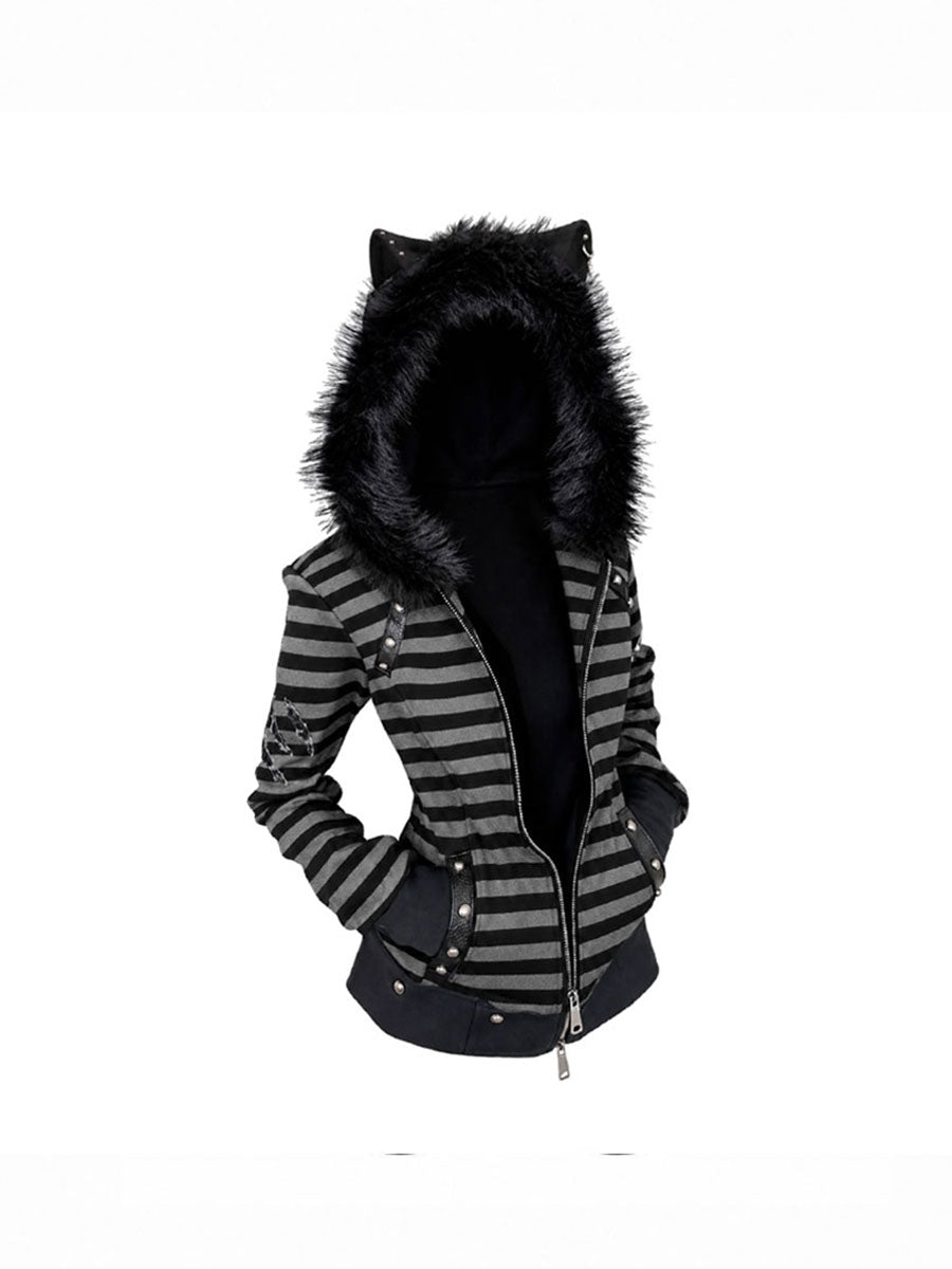 CTRL WORLD Midnight Feral Cat-Ear Faux Fur Hood Zip Jacket