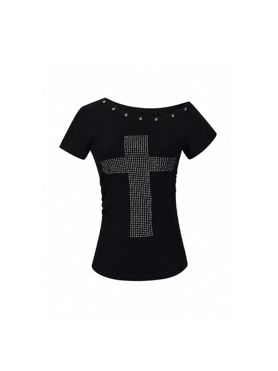 CTRL WORLD Rhinestone Cross Asymmetric Shoulder T-Shirt